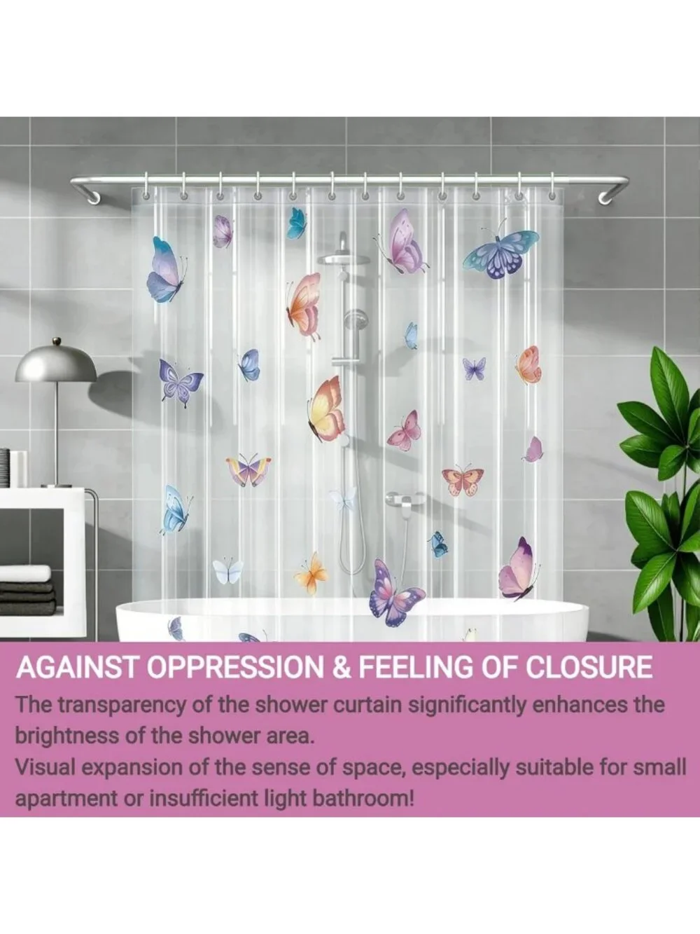 Colorful Clear Butterfly Shower Curtain Liner, 72x72 Waterproof with Hooks